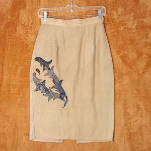 CACHE Skirt Womens 6 Tan Pencil Knee Length Slit Back Classic High Waist Vintage